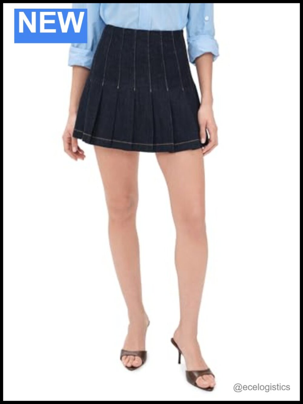 Pleated Mini Denim Skirt High Rise Lightweight Stretch Cotton